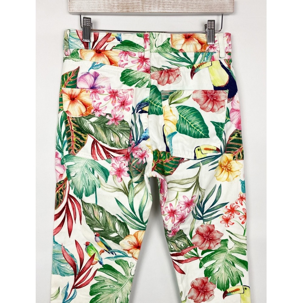Zara Womens Pants 4 White Tropical Coastal Print Denim Straight Leg Crop Jeans - Picture 8 of 11